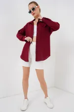 20153 Tek Cepli Oversize Keten Gömlek - Bordo 20153 Tek Cepli Oversize Keten Gömlek - Bordo