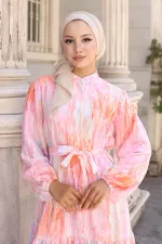 Kadın Desenli Uzun Tesettür Elbise 2586 - Pembe