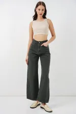 Kadın Bol Paça Yüksek Bel Palazzo Kot Pantolon 6656 - Yeşil