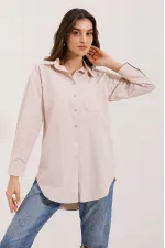 20217 Cep Detaylı Çizgili Oversize Gömlek - Bej