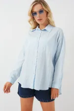 Kadın Çizgili Oversize Gömlek 20293 - Mavi