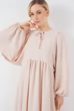 Kadın Balon Kol Uzun Tesettür Elbise 2464 - Krem