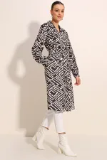 5853 Patterned Double-Breasted Trench Coat - C. Black