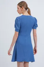 Kadın İndigo Kare Yaka Örme Mini Elbise