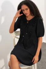 Women's Tie-Neck Short-Sleeve Ruched Dress 2600 - Black