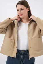 Kadın Cep Detaylı Kısa Ceket 5975 - Bisküvi