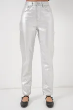 Kadın Yüksek Bel Parlak Pantolon 6738 - Gümüş
