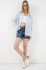 Kadın Tek Cepli Çizgili Oversize Gömlek 20375 - Mavi Kadın Tek Cepli Çizgili Oversize Gömlek 20375 - Mavi