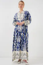 2423 Otantik Desenli Tesettür Elbise - İndigo 1