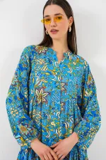 Kadın Desenli Uzun Tesettür Elbise 2585 - Turkuaz