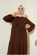 1627 Yaka Bağcıklı Tesettür Elbise - E. Kahve