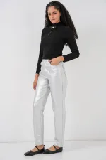 Kadın Yüksek Bel Parlak Pantolon 6738 - Gümüş