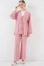 Kadın Keten Kimono İkili Takım 6727 - Gül Kurusu