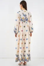 Kadın Desenli Uzun Tesettür Elbise 2585 - Lacivert 8