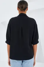 Chemise oversize en lin noir à manches courtes pour femme 20240