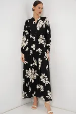 Kadın Desenli Uzun Tesettür Elbise 2585 - Düz Siyah