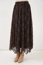 Kadın Desenli Astarlı Etek 8059 - Kahverengi