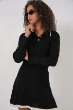 Ensemble deux pièces pour femme (pull à col polo, jupe et tricot) - Noir (réf. 15907)