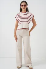 Kadın Çizgili Triko Süveter 15926 - Bordo