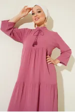 T1627 Yaka Bağcıklı Elbise - A. Pembe