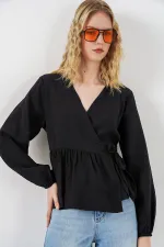 Kadın Yandan Bağlamalı Uzun Kollu Bluz 996 - Siyah