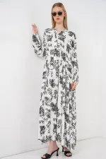 Kadın Desenli Uzun Tesettür Elbise 2585 - V. Antrasit