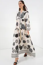 Kadın Desenli Uzun Tesettür Elbise 2585 - T. Ekru