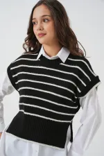 Kadın Çizgili Triko Süveter 15926 - Siyah