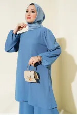 Ensemble tunique et pantalon indigo pour femme, haut et bas, 6663