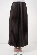 8009 Deri Görünümlü Piliseli Etek - Kahverengi