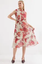 2503 Desenli Sıfır Kol Şifon Elbise - Nar