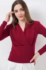Kadın Omuz Vatkalı Kruvaze Yaka Bluz 942 - Bordo
