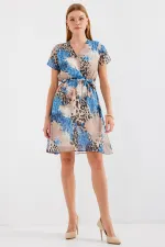 2502 Kısa Kol Desenli Şifon Elbise - Mavi