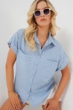 Women's Short Sleeve Striped Oversize Shirt 20303 - Blue