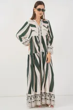Kadın Desenli Uzun Tesettür Elbise 2585 - A. Zümrüt Yeşili