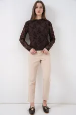 Kadın Desenli Uzun Kol Bluz 983 - Kahverengi