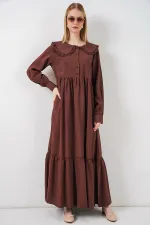 Kadın Bebe Yaka Uzun Tesettür Elbise 2592 - Kahverengi