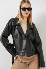 Kadin Kısa Suni Deri Ceket 1058 - Siyah