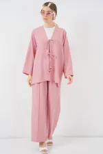 Kadın Keten Kimono İkili Takım 6727 - Gül Kurusu