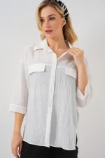 Chemise à manches courtes pour femme avec poches apparentes 20317 - Blanche