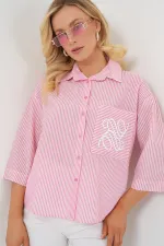 Kadın Tek Cep Nakışlı Gömlek 20328 - Pembe