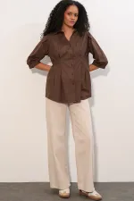 Women's Long Waist Fitted Shirt 20383 - Brown Women's Long Waist Fitted Shirt 20383 - Brown