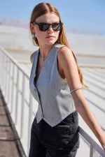 6794 Çizgili Dokuma Yelek - Gri