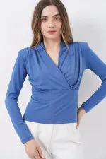 Women's Wrap-Around Blouse with Shoulder Pads 942 - Indigo Women's Wrap-Around Blouse with Shoulder Pads 942 - Indigo