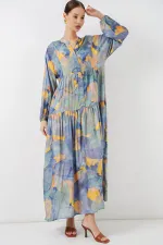 Kadın Desenli Uzun Tesettür Elbise 2585 - Açık Mavi