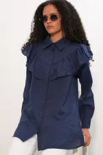 Women's Ruffle Detail Shirt Tunic 5994 - Navy Blue Women's Ruffle Detail Shirt Tunic 5994 - Navy Blue