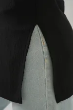 4332 Yanı Yırtmaçlı Örme Tişört - Siyah