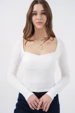 Kadın Kare Yaka Slim Fit Bluz 986 - Beyaz