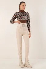 6556 Kemerli Kumaş Pantolon - Krem