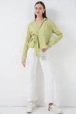 Kadın Önü Bağlamalı Çizgili Gömlek 20362 - E.Yeşil